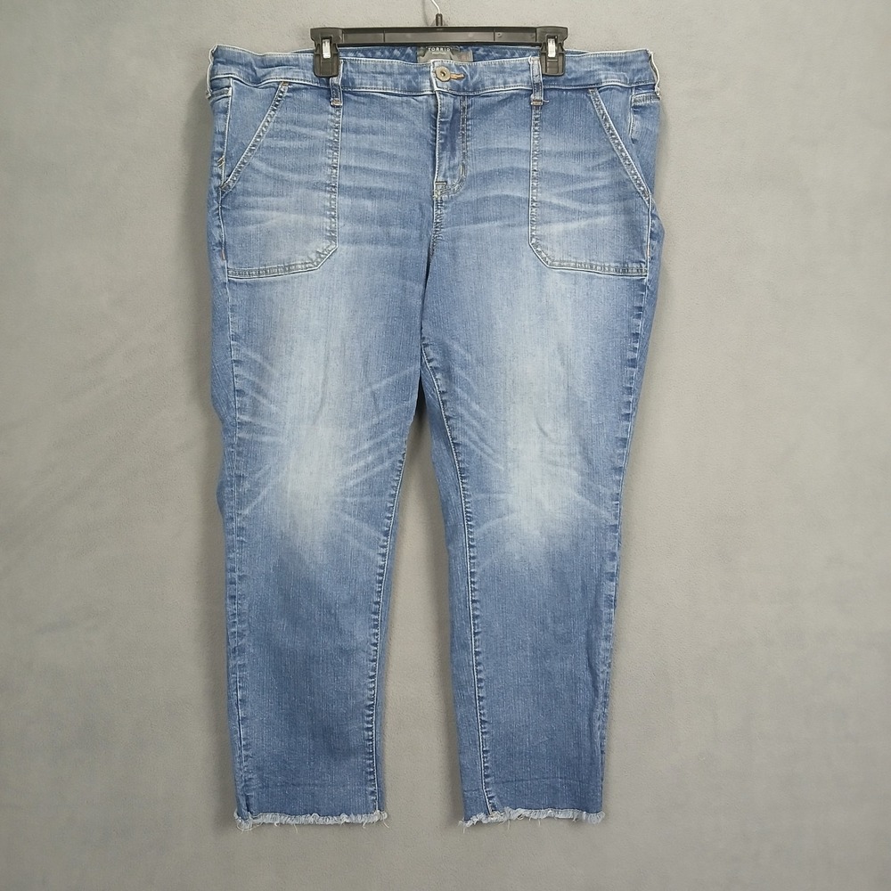 Torrid Feel The Fit Crop Boyfriend Jeans Womens 20 Blue Vintage Stretch Raw Hem